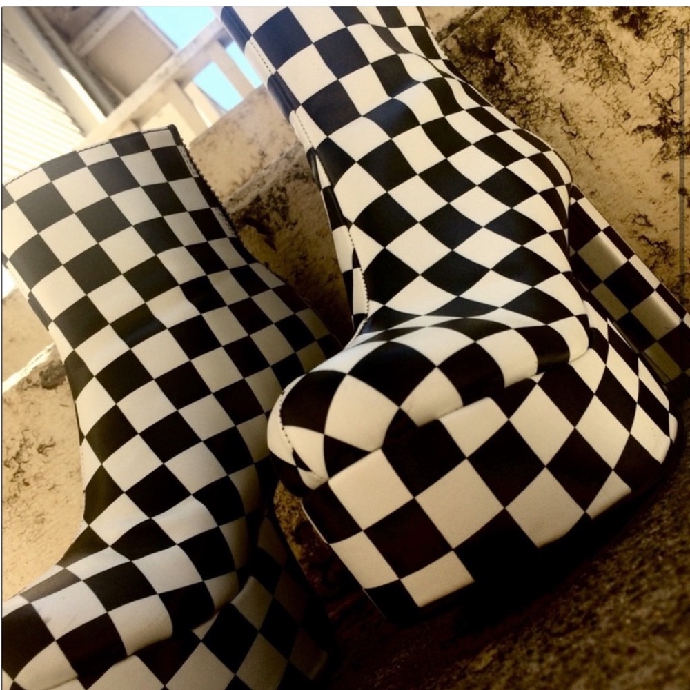 Dolls Kill Current Mood Black and White Checkered Platform Boots